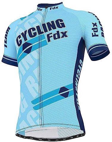 FDX Cycling Jersey Men’s - 100% Polyester, Quick Dry, Breathable, Short Sleeve Cycle Tops - Full Zipped Bicycle Riding Shirt, Mountain Bike, Running, MTB Racing, Outdoor Sports Clothes (Blue XXL)