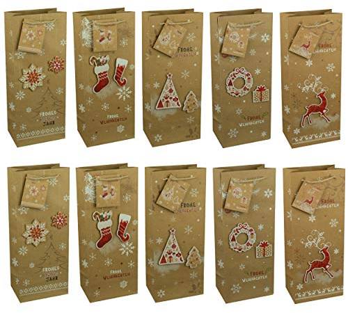 HRB Geschenktüten Weihnachten, 10 Flachentüten gross mit 3D Applikationen, stabile Weihnachtstüten der Marke HRB, Abmaße der weihnachtlichen Geschenkverpackung (Flaschentüte, 36x13x9 cm)
