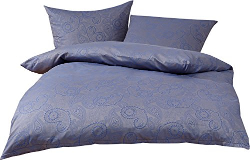 Mako Satin Damast Paisley Bettwäsche Garnitur Davos 200x200 + 2X 80x80 blau - grau (Royalblau)