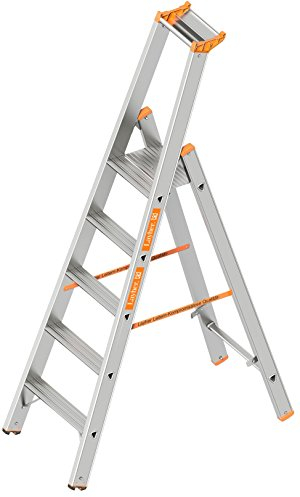 Layher 1064005 Stufenstehleiter einseitig begehbar Topic mit 5 Breiten Stufen, Aluminiumleiter klappbar mit Podest, Länge 1.95 m