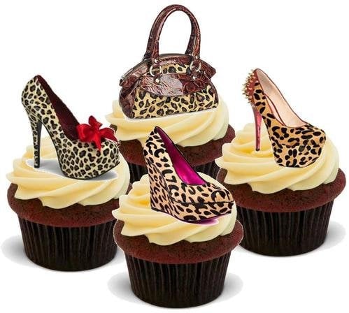 Leopard Print Handbag Shoe Mix - 12 Edible Stand Up Premium Wafer Cake Toppers