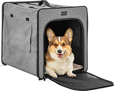 Petsfit Hundebox Große, tragbare Hunde-Reisebox, leichte Stoff-Hundebox mit DREI Seiten Netzfenster und Futtertasche für mittelgroße und große Hunde, Hellgrau