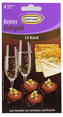 Günthart BackDecor | 4 Goldblätter aus reinem Blattgold | 24 Karat | Dekoration für Pralinen, Süßspeisen und Getränke wie zum Beispiel Sekt