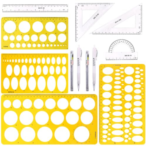 Swpeet 12Pcs Plastic Yellow Geometric Drawings Templates Kit, 4 Different Geometric Measuring Drawings Templates Stencils with 2Pcs Pencil and 4Pcs Measuring Ruler for Drawing Engineering