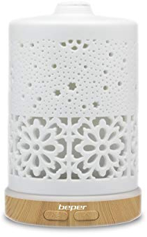 BEPER 70.404 Diffusor aus Keramik, Ultraschall-Zerstäuber, LED-Licht in 7 Farben, Taste für Dampfaustritt und Farbauswahl, elegantes Design, USB-Betrieb, Weiß, wenig