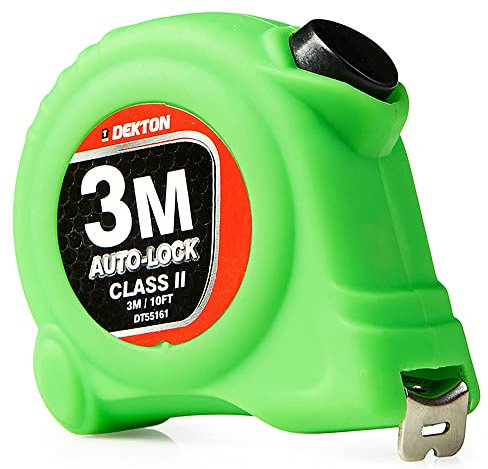 Dekton Hi Vis Green Soft Grip Autolock Tape Measure 3m X 16mm- 3m/10ft-Hi-Vis Soft Grip| Impact Resistant Case| Metric Units| Belt Clip| Auto-lock| Secure Auto-lock Mechanism, Comfortable Grip
