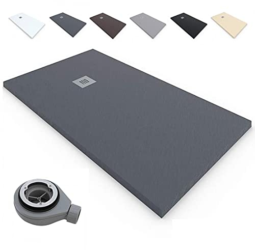 Plato de Ducha RESINA Extraplano EstiloBaño®TERRA - Antideslizante TEXTURA PIZARRA - Todas Las Medidas Disponibles -Varios colores -【70x90, Grafito Ral-7016】- Incluye Válvula desagüe+Rejilla