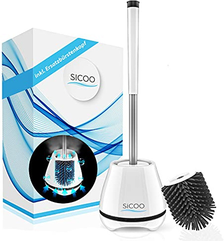 SICOO Silikon-Toilettenbürste Set inkl. Ersatzbürstenkopf - Flexible Klobürste aus Silikon für eine gründliche Reinigung - Silikon WC Bürste