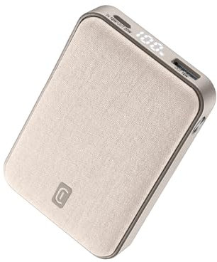 Cellularline Power Bank Glam 10000 – Power Bank de 10000mAh con Pantalla LCD, 3 Puertos (USB-C 20 W Entrada/Salida 18W, USB Salida 18W), Acabados en Tela, para Smartphones - Blanco