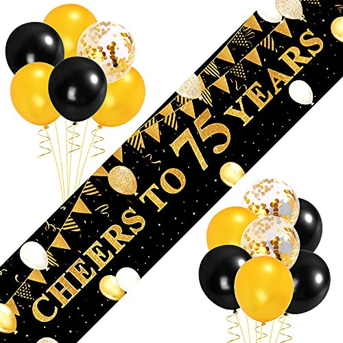 Skystuff 75th Birthday Decorations -75th Photo Backdrop Banner | 'Cheers To 75 Years' Fabric Photo Backdrop Banner With Latex and Confetti Balloons - Party Decorations for Women, Men