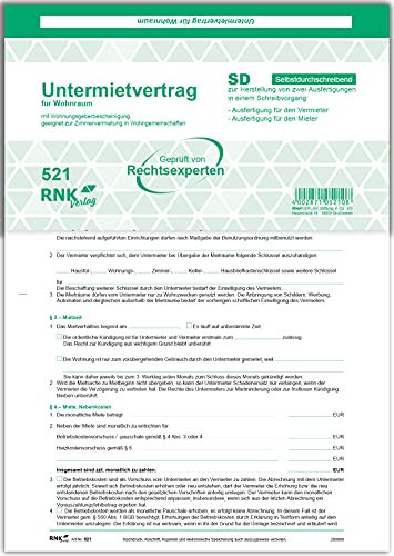 RNKVERLAG 521 - Untermietvertrag für Wohnräume - SD, 2 x 2 Blatt, DIN A4, mit Wohnungsgeberbescheinigung, 25 Stück