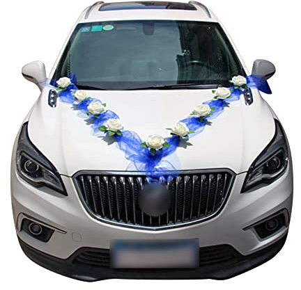 iSpchen Hochzeit Auto Schmuck Braut Dekorationen Auto Blumen Dekoration Künstliche Rose Blume Autoschmuck Hochzeit Wedding Deko,Blau