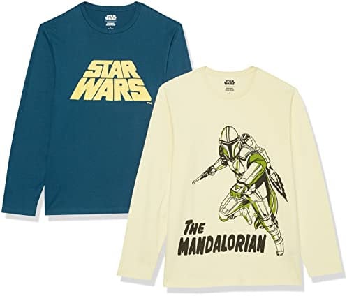 Amazon Essentials Disney | Marvel | Star Wars Men's Long-Sleeve T-Shirts, Pack of 2, Light Yellow Star Wars Mando/Navy Star Wars, M