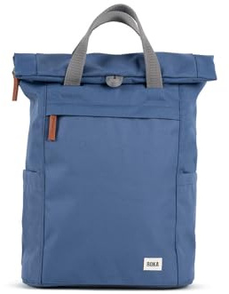 ROKA London Finchley A Medium Recycled Canvas (Burnt Blue) | Roll top backpack with spacious storage, padded laptop sleeve, side bottle pockets, secret pocket and adjustable straps