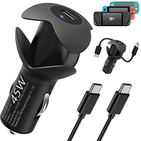 Schnelles Autoladegerät für Steam Deck mit Kabelaufwicklung, MENEEA 45W PD 3.0 Mini-Ladegerät mit 3.9ft USB C Ladekabel, Zubehör für Steam Deck/Nintendo Switch/Lite/PS5 Controller/Phone/Tablet