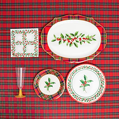 Horeca Collection Kit Vajilla de cartón Desechable con decoración de Navidad en Color Rojo con diseño de Acebo navideño para 6 Personas – Pack Acebo para 6 Personas. Decoración Navidad Mesa.
