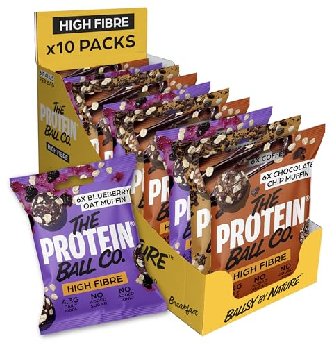 The Protein Ball Co High Fibre Bundle Protein Balls - Healthy Snacks Variety Box, Gluten-Free - No Added Sugar, Box of 10 Bags