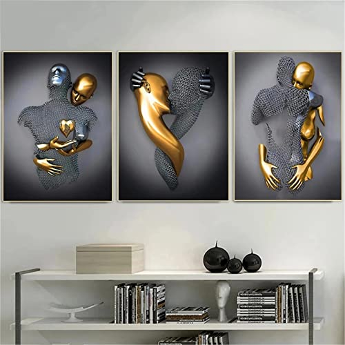 EXQULEG 3er Kunst Modern Poster Set - 3D Grau Gold Metallfigur Statue Kunst Liebe Herz Umarmungen Kuss Bilder Wandkunst Deko - Ohne Rahmen - Wanddeko Wand Wohnzimmer Wanddekoration Deko (50x70cm)