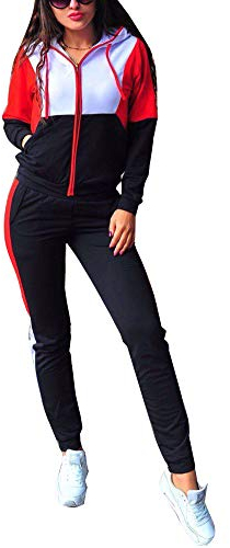 ORANDESIGNE Damen Rot Sportanzug Traingsanzug Jogginganzug Frauen 2 Teilig Freizeitanzug Kapuzenpullover Lange Ärmel Zipper Top + Lange Hose Sportswear 2 Stück Bekleidungsset Sport M