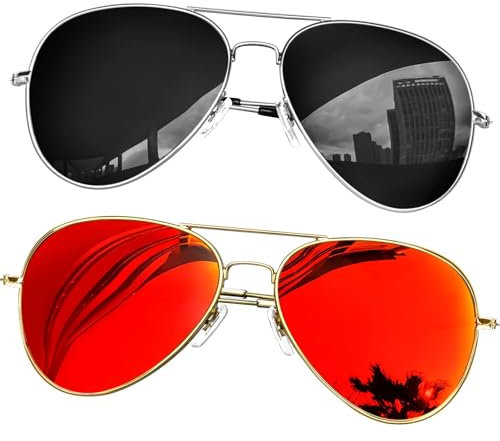 KANASTAL 2 Pair Orange Sunglasses Mens Polarised Womens Red Dark Black Retro Vintage Mirror Outdoor Driving Golf UV400 Protection - Silver Frame Black Lens + Gold Frame Orange Lens