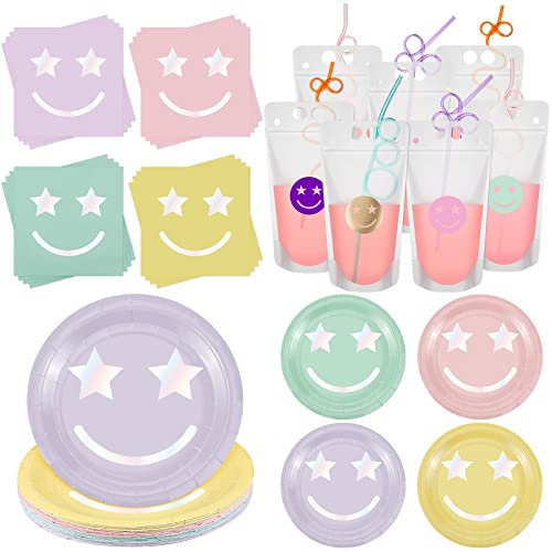 Fuutreo 96 Pcs Preppy Party Decorations Pink Tableware Set Including Smile Face Paper Dessert Plates Smile Face Napkins Reusable Drink Pouches Cute Straw for Birthday Wedding Party