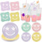 Fuutreo 96 Pcs Preppy Party Decorations Pink Tableware Set Including Smile Face Paper Dessert Plates Smile Face Napkins Reusable Drink Pouches Cute Straw for Birthday Wedding Party