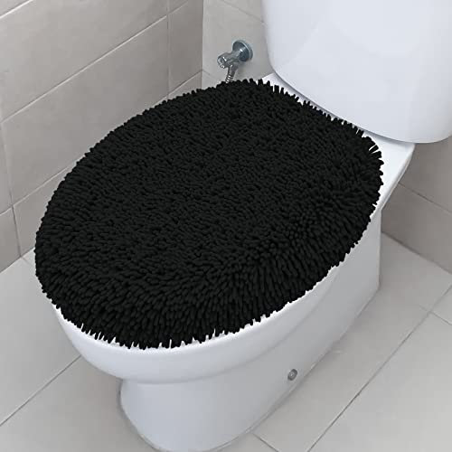TREETONE Shaggy-Chenille-Badezimmer-WC-Deckelbezug, ultraweiche Plüsch-Sitzbezüge, flauschig saugfähig, 48,3 x 53,3 cm, Standard-Toilettendeckel für Badezimmer, Maschinenwäsche und Trocknen, Schwarz