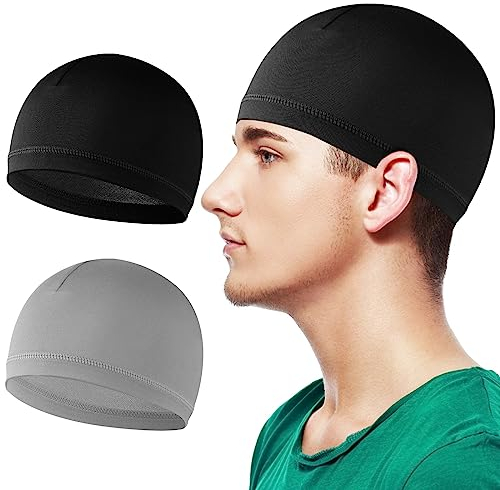 WLLHYF 2 gorros de calavera elásticos de algodón suave para dormir, forro de casco, gorro transpirable para hombres y mujeres, esquí, ciclismo, correr, deportes, Negro y gris., Taille unique