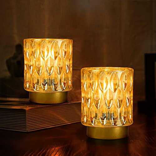 Battery Operated Table Lamps Timer, Mini Crystal Lamp for Area No Plug, Cordless Lamp with LED Bulb for Power Outage, Decorative Lamp for Tabletop/Corner/Entryway/Stairway/Bathroom/Fireplace(2*AMBER)