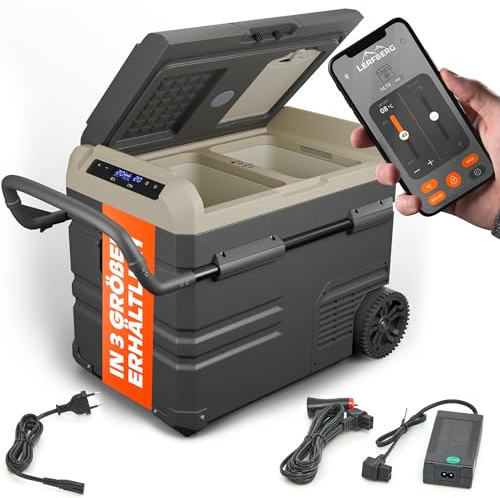 Leafberg Kompressor Kühlbox 55L 12/24V & 100-240V mit 2 Zonen bis -20°C elektrische Auto Kühlbox mit Griff für LKW KFZ Camping | sehr leise | LED Touch Display | Energiesparend