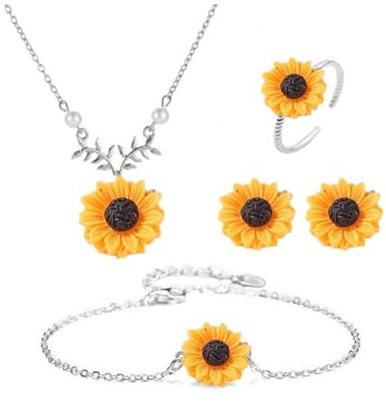 TOFBS 4 Stück Sonnenblumen Schmuckset Halskette Armband Ring Ohrringe Blumen Damen Schmuck Silberkette Perlen Anhänger Natur Motiv