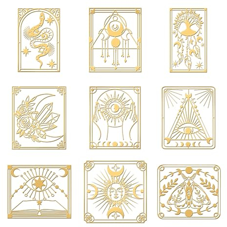 OLYCRAFT 9 Stück 4x4cm Tarot Metallaufkleber Baum Des Lebens Selbstklebende Goldaufkleber Wahrsagerei Sonne Mond Metallgoldaufkleber Für DIY Kunstharz Kunsthandwerk Telefon Wasserflasche Dekor