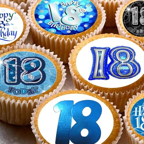 24 18th blue male style edible birthday party Cupcake Cake Toppers Wafer Rice Paper precut decoration