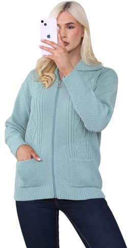 STAR FASHION Women's Cable Knit Zip Through Jumper Long Sleeve Cardigan Ladies Collared Neck Knitwear Zipper Cardigan 2 Pockets Pullover Dusty Green 8-10
