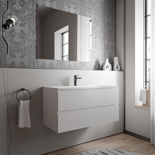 BERNSTEIN Badmöbel-Set Ava 100cm bestehend aus Mineralguss-Waschbecken mit Unterschrank in Weiß matt, Waschtisch CREAM - Weiß matt mit Hahnloch, Ideal für mittelgroße Bäder und Badezimmer