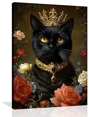 OWNANRTHM Leinwandbild, Gothic-Katze, lustiges schwarzes Katzen-Porträt, Wandkunst, Renaissance-Gemälde, mittelalterliches viktorianisches Katzen-Poster, Halloween-Katzen mit Krone, Bild für