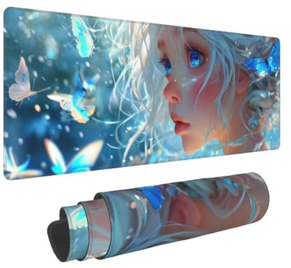 Gaming Mouse Pad 35.4x11.8x0.12 inch XXL Large Gaming Mouse Mat with Stitched Edges, Butterfly Girl Mouse Pad, with Non-Slip Base Extended Mouse Pads, Keyboard Desk Pad with Water Resist Surface N-670