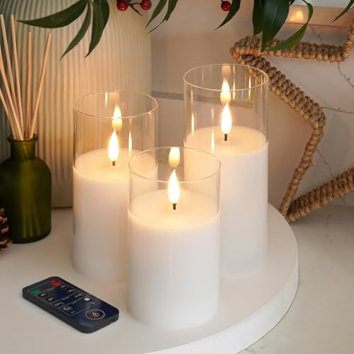 Ember Candles™ 12.5cm, 15cm & 17.5cm Hurricane Clear Glass White LED Flickering Battery Candles – 100% Real Wax, Ultra-Realistic, Flameless, Hand-Poured Design, 6-Hour Timer (with Remote Control)