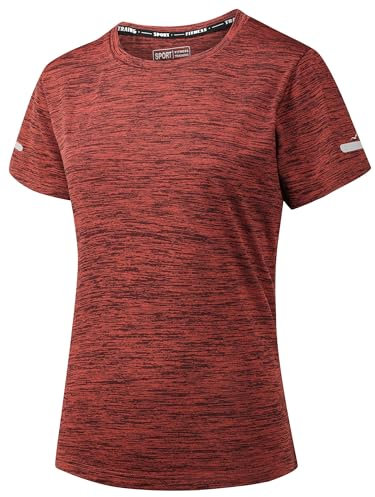 Peakwell Damen Sportshirt Atmungsaktiv T-Shirts Top Kurzarm Laufshirts Funktionsshirts Sport Oberteile (Orangerot, XXL)