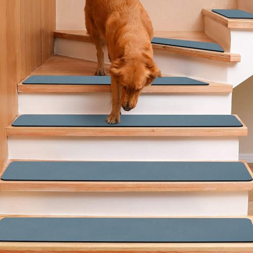 GOYLSER Treppenstufen Matten Stufenmatten Anti-Rutsch Treppenmatten,Treppenteppich Rechteckig Rutschschutz Stufenteppich Treppenvorleger für Kinder Haustiere Blaue Haze(76x20cm/15 Stück)