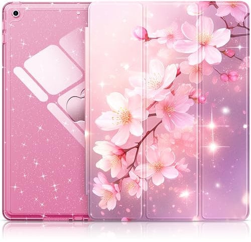 INFILAND for iPad 9th Generation 2021/ iPad 8th Generation 2020/ iPad 7th Generation 2019 Case 10.2 inch, Glitter Cover with Clear Back, Pencil Holder for Kids Girls (Blossom Pink Glow)