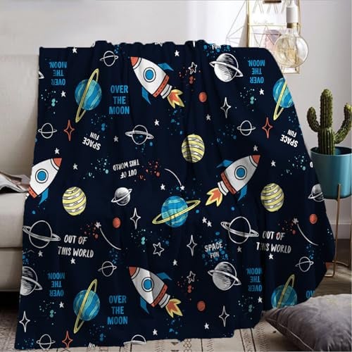 KXHHYB Rakete Decke 130x150cm Weltraum Rakete Wohndecke Cartoon Rakete Kuscheldecke,Sternenhimmel Planet Decke Weiche Flanell Sofadecke, Weltraumrakete für Kinder Junge (C, 130x150cm)