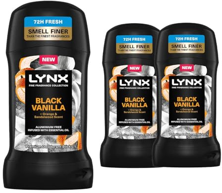 Lynx Fine Fragrance Collection Black Vanilla Deodorant Stick for Men 50ml Pack of 3 Aluminium Free Premium Mens Deodorant Stick with Essential Oils 72H Odour Protection