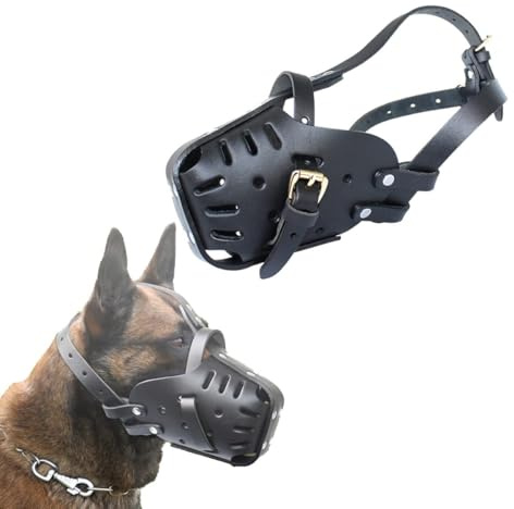 Malinois Maulkorb für Hunde für Deutschen Schäferhund, Leder-Mundschutz für Hunde, zum Kauen, Kauen, für mittelgroße und große Hunde, Schwarz, 35 x 50 cm