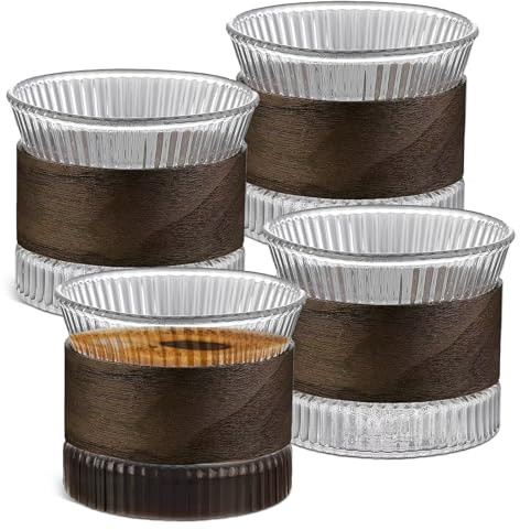 Lot de 4 tasses à espresso en verre - 150 ml avec manchon en bois de noyer, tasses à cappuccino, tasses à thé, set de tasses à espresso, verres à cappuccino, set de tasses à moka pour les amateurs de