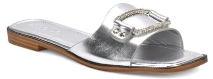 ESSEX GLAM Women's Slip On Slider Ladies Sparkly Diamante Trim Faux Leather Holiday Comfy Casual Flat Mule Sandal Size 3-8