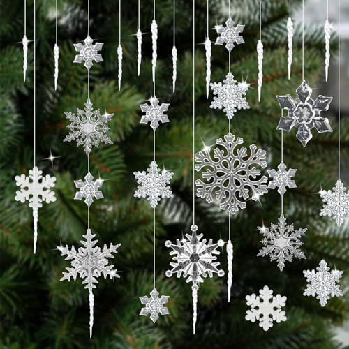 44 Stück Acryl Schneeflocken Eiszapfen zum Anhänger Deko Christbaumschmuck | Transparente Weihnachtsbaum Kristall‑Optik Dekorationen mit Faden für Weihnachten Hochzeiten Winter‑ und Partydekorationen
