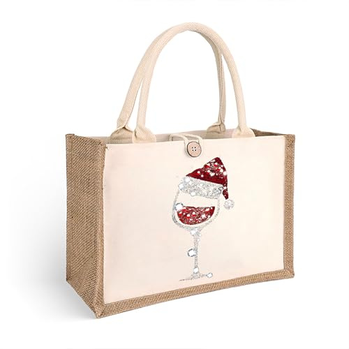 MYHALF Jutebeutel Weihnachten Weihnachtstaschen Groß mit Weingläser Motiv Geschenktaschen Jutetasche Jutesäckchen Säckchen Weihnachtssack Groß Wiederverwendbar Einkaufstasche Christmas Bags