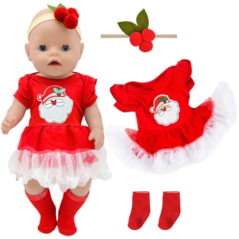 Puppenkleidung für 35-43cm Baby Puppen, Puppenkleidung OutfitEnthält 1 Rotes Weihnachtskleid 1 Strümpfe 1 Haarband für 12-18 Inch Puppen Zubehör Kinder Mädchen Jungen