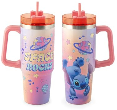 H&H Tumbler Termico Disney Stitch, 0,9L, Acciaio Inox 18/10, Rosa e Blu con Cannuccia, per Bevande Calde e Fredde